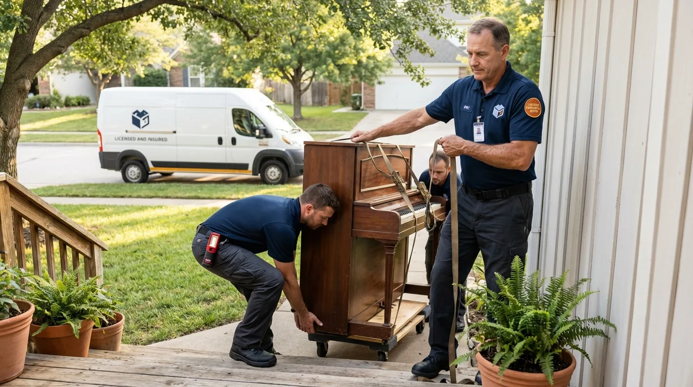 Licensed piano movers securing grand piano in Oak Hill, WV