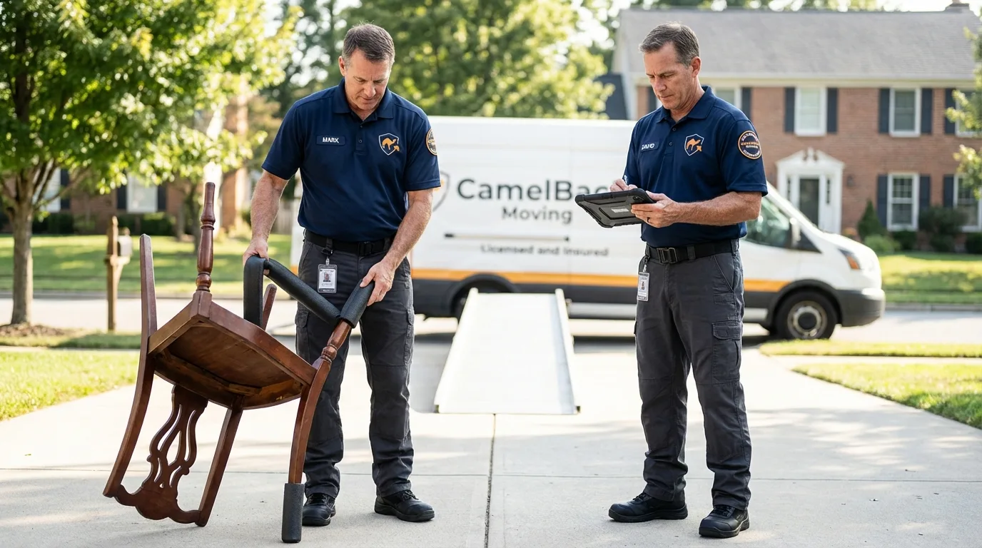 Movers inspecting furniture for damage prevention before loading in Oak Hill, WV