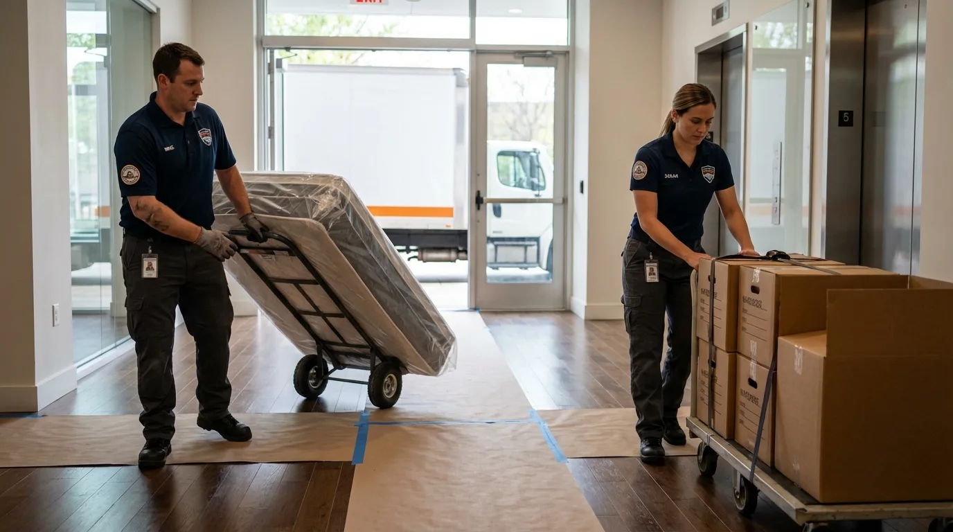 Professional apartment movers loading elevator in Oak Hill, WV