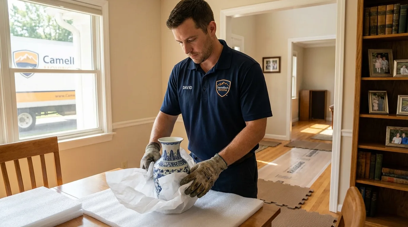 Professional crew carefully wrapping antique vase for senior downsizing move in Oak Hill, WV